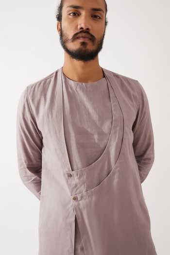 Buy_Son Of A Noble Snob_Purple Linen Brooks Asymmetric Kurta With Trousers _Online_at_Aza_Fashions