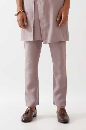 Shop_Son Of A Noble Snob_Purple Linen Brooks Asymmetric Kurta With Trousers _Online_at_Aza_Fashions