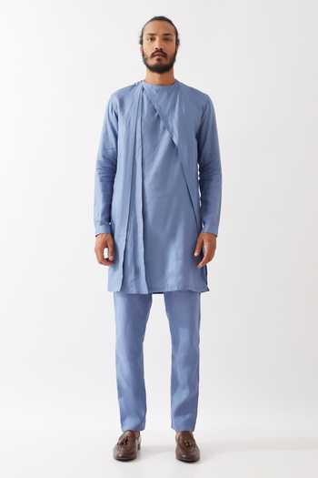 Son Of A Noble Snob_Blue Linen Jose Kurta With Trousers _Online_at_Aza_Fashions