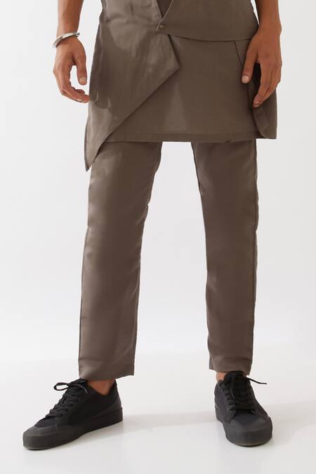 Son Of A Noble Snob_Grey Linen Theo Kurta With Trousers _Online_at_Aza_Fashions