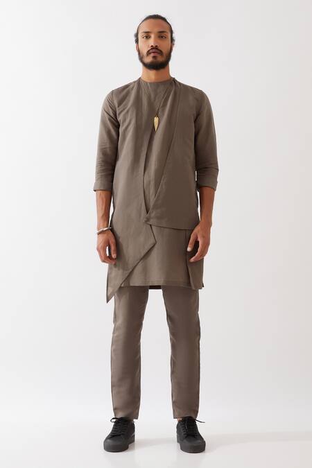 Buy_Son Of A Noble Snob_Grey Linen Theo Kurta With Trousers _Online_at_Aza_Fashions