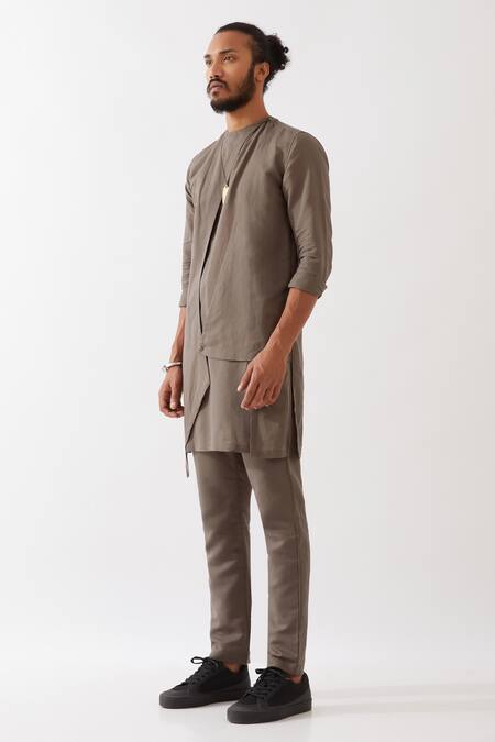 Son Of A Noble Snob_Grey Linen Theo Kurta With Trousers _at_Aza_Fashions