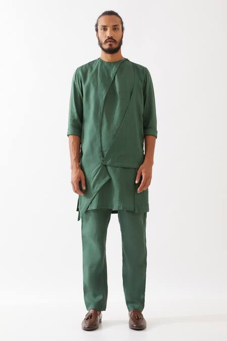 Buy Son Of A Noble Snob Green Linen Theo Asymmetric Kurta With Trousers Online at Aza Fashions Buy_Son Of A Noble Snob_Green Linen Theo Asymmetric Kurta With Trousers _Online_at_Aza_Fashions