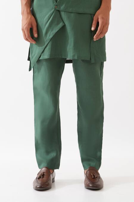 Shop Son Of A Noble Snob Green Linen Theo Asymmetric Kurta With Trousers Online at Aza Fashions Shop_Son Of A Noble Snob_Green Linen Theo Asymmetric Kurta With Trousers _Online_at_Aza_Fashions
