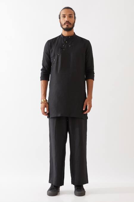 Son Of A Noble Snob_Black Linen Jace Kurta With Trousers _Online_at_Aza_Fashions