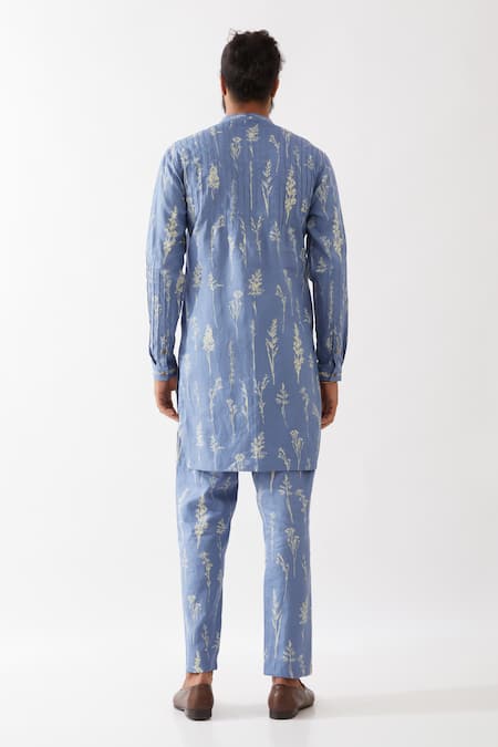 Shop Son Of A Noble Snob Blue Linen Embroidery Declan Botanica Kurta With Trousers at Aza Fashions Shop_Son Of A Noble Snob_Blue Linen Embroidery Declan Botanica Kurta With Trousers _at_Aza_Fashions