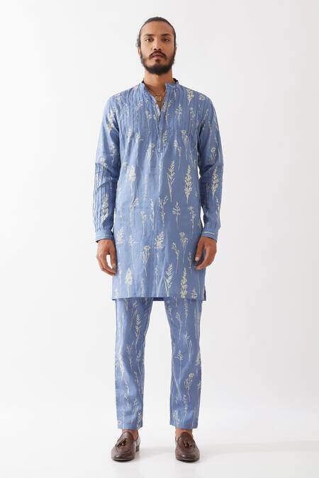 Son Of A Noble Snob Blue Linen Embroidery Declan Botanica Kurta With Trousers Online at Aza Fashions Son Of A Noble Snob_Blue Linen Embroidery Declan Botanica Kurta With Trousers _Online_at_Aza_Fashions