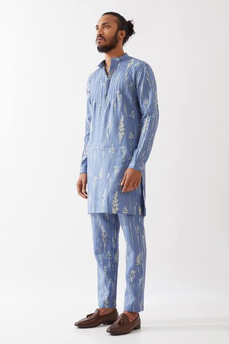 Shop Son Of A Noble Snob Blue Linen Embroidery Declan Botanica Kurta With Trousers Online at Aza Fashions Shop_Son Of A Noble Snob_Blue Linen Embroidery Declan Botanica Kurta With Trousers _Online_at_Aza_Fashions