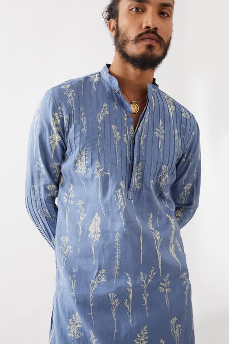 Son Of A Noble Snob Blue Linen Embroidery Declan Botanica Kurta With Trousers at Aza Fashions Son Of A Noble Snob_Blue Linen Embroidery Declan Botanica Kurta With Trousers _at_Aza_Fashions