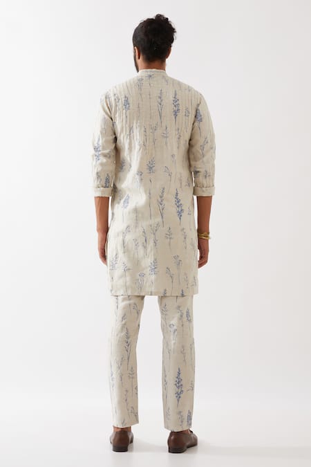 Shop Son Of A Noble Snob Ivory Linen Embroidery Declan Botanica Print Kurta With Trousers at Aza Fashions Shop_Son Of A Noble Snob_Ivory Linen Embroidery Declan Botanica Print Kurta With Trousers _at_Aza_Fashions