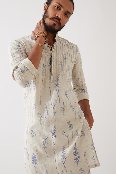 Son Of A Noble Snob Ivory Linen Embroidery Declan Botanica Print Kurta With Trousers Online at Aza Fashions Son Of A Noble Snob_Ivory Linen Embroidery Declan Botanica Print Kurta With Trousers _Online_at_Aza_Fashions