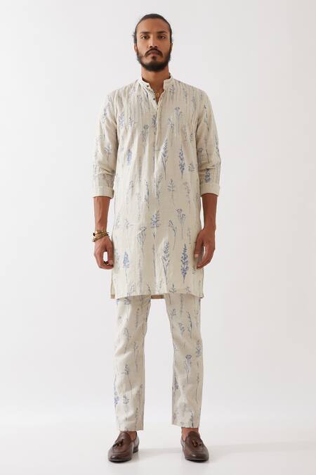 Buy Son Of A Noble Snob Ivory Linen Embroidery Declan Botanica Print Kurta With Trousers Online at Aza Fashions Buy_Son Of A Noble Snob_Ivory Linen Embroidery Declan Botanica Print Kurta With Trousers _Online_at_Aza_Fashions