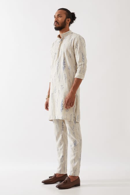 Shop Son Of A Noble Snob Ivory Linen Embroidery Declan Botanica Print Kurta With Trousers Online at Aza Fashions Shop_Son Of A Noble Snob_Ivory Linen Embroidery Declan Botanica Print Kurta With Trousers _Online_at_Aza_Fashions