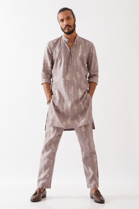 Son Of A Noble Snob Purple Linen Embroidery Declan Botanica Pintuck Kurta With Trousers 
