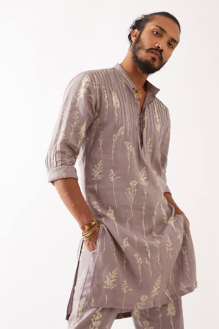 Son Of A Noble Snob_Purple Linen Embroidery Declan Botanica Pintuck Kurta With Trousers _Online_at_Aza_Fashions