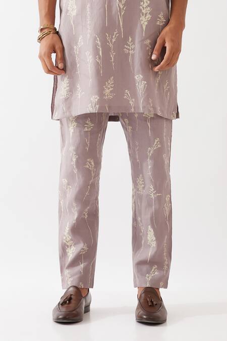 Shop_Son Of A Noble Snob_Purple Linen Embroidery Declan Botanica Pintuck Kurta With Trousers _Online_at_Aza_Fashions