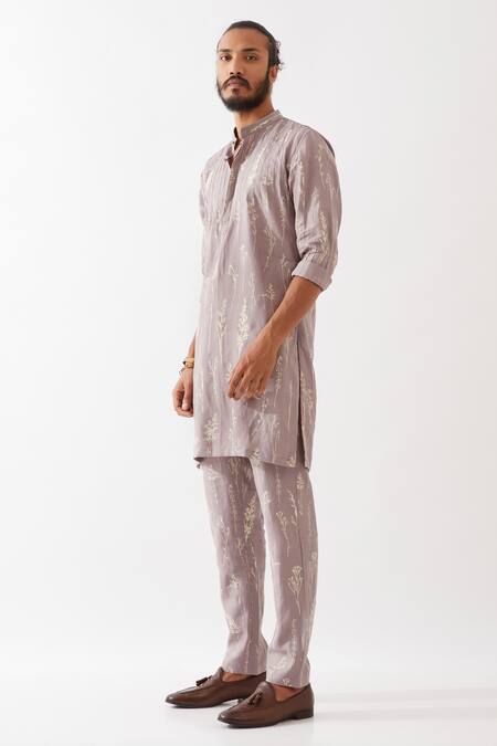 Son Of A Noble Snob_Purple Linen Embroidery Declan Botanica Pintuck Kurta With Trousers _at_Aza_Fashions