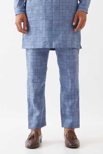 Buy Son Of A Noble Snob Blue Linen Luka Dominos Kurta With Trousers Online at Aza Fashions Buy_Son Of A Noble Snob_Blue Linen Luka Dominos Kurta With Trousers _Online_at_Aza_Fashions