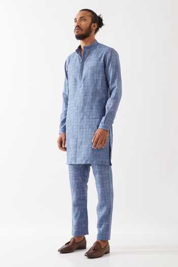 Shop Son Of A Noble Snob Blue Linen Luka Dominos Kurta With Trousers Online at Aza Fashions Shop_Son Of A Noble Snob_Blue Linen Luka Dominos Kurta With Trousers _Online_at_Aza_Fashions