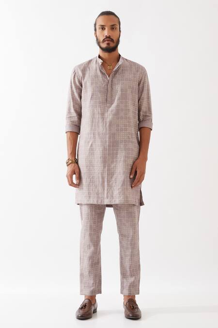 Buy_Son Of A Noble Snob_Purple Linen Luka Dominos Print Kurta With Trousers _Online_at_Aza_Fashions