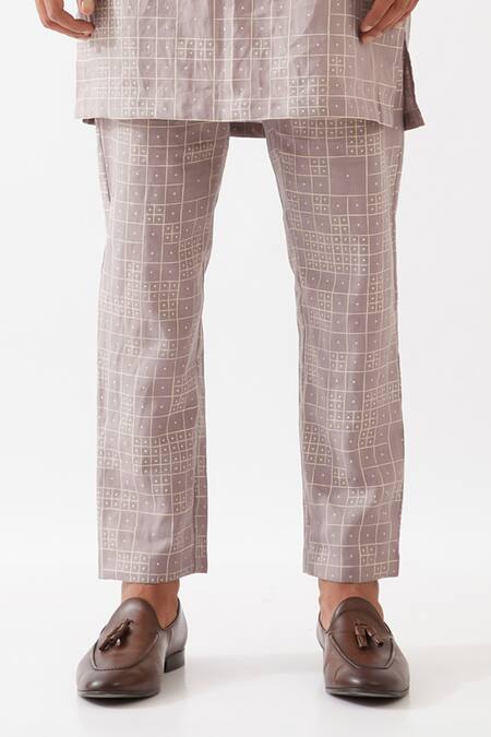 Shop_Son Of A Noble Snob_Purple Linen Luka Dominos Print Kurta With Trousers _Online_at_Aza_Fashions