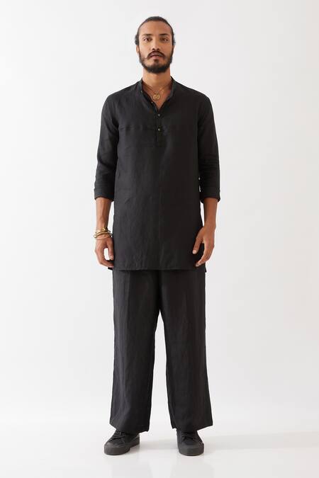 Son Of A Noble Snob_Black Linen Finn Short Plain Kurta And Trouser Set _Online_at_Aza_Fashions