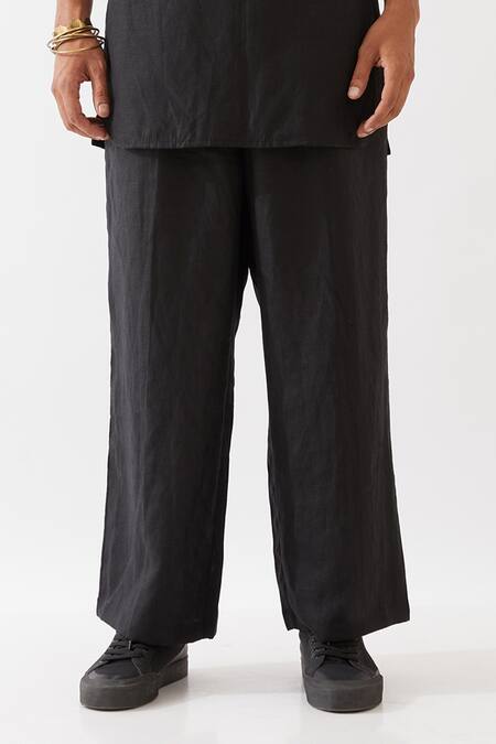 Buy_Son Of A Noble Snob_Black Linen Finn Short Plain Kurta And Trouser Set _Online_at_Aza_Fashions