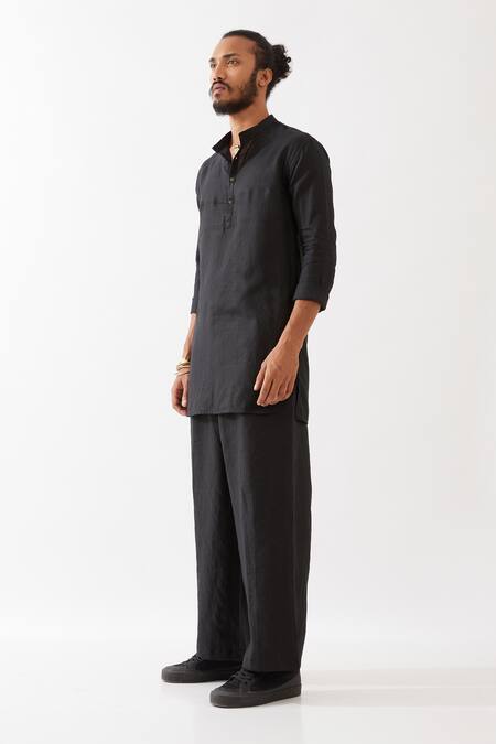 Shop_Son Of A Noble Snob_Black Linen Finn Short Plain Kurta And Trouser Set _Online_at_Aza_Fashions