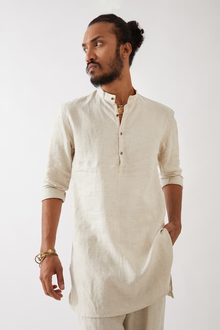 Son Of A Noble Snob_Ivory Linen Finn Short Kurta And Trouser Set _Online_at_Aza_Fashions
