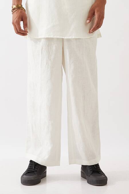 Son Of A Noble Snob_White Linen Finn Straight Kurta And Trouser Set _Online_at_Aza_Fashions