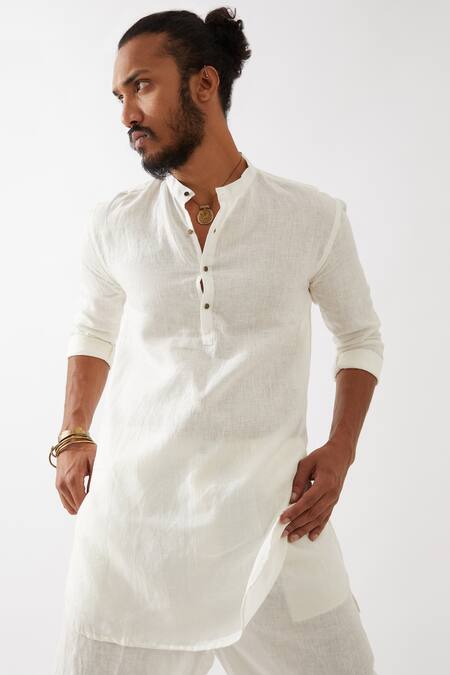 Son Of A Noble Snob_White Linen Finn Straight Kurta And Trouser Set _at_Aza_Fashions