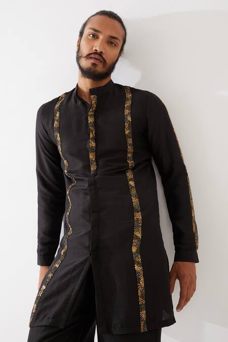 Son Of A Noble Snob_Black Silk Sequins, Beads Avery Embroidered Kurta And Trouser Set _Online_at_Aza_Fashions