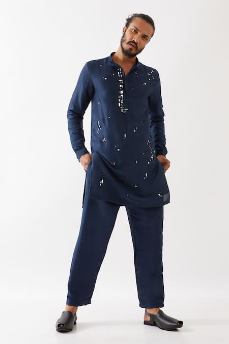 Shop Son Of A Noble Snob Blue Silk Embroidery Eric Kurta And Trouser Set Online at Aza Fashions Shop_Son Of A Noble Snob_Blue Silk Embroidery Eric Kurta And Trouser Set _Online_at_Aza_Fashions