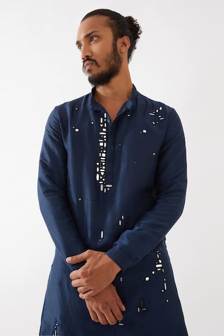 Son Of A Noble Snob Blue Silk Embroidery Eric Kurta And Trouser Set at Aza Fashions Son Of A Noble Snob_Blue Silk Embroidery Eric Kurta And Trouser Set _at_Aza_Fashions