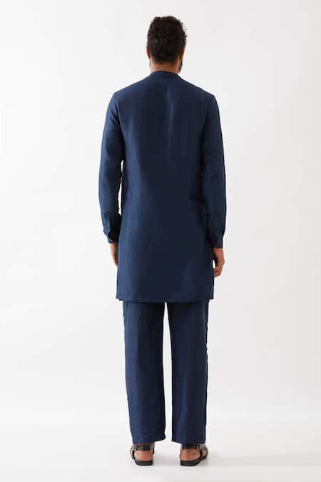 Shop Son Of A Noble Snob Blue Silk Embroidery Eric Kurta And Trouser Set at Aza Fashions Shop_Son Of A Noble Snob_Blue Silk Embroidery Eric Kurta And Trouser Set _at_Aza_Fashions