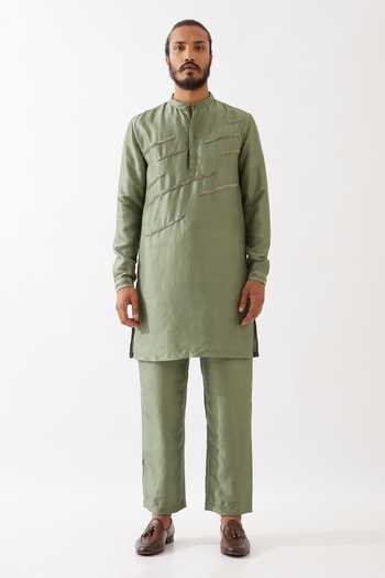 Buy_Son Of A Noble Snob_Green Silk Cut Work Lances Embroidered Kurta And Trouser Set _Online_at_Aza_Fashions