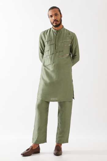 Shop_Son Of A Noble Snob_Green Silk Cut Work Lances Embroidered Kurta And Trouser Set _Online_at_Aza_Fashions