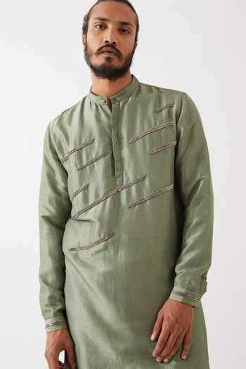 Son Of A Noble Snob_Green Silk Cut Work Lances Embroidered Kurta And Trouser Set _at_Aza_Fashions