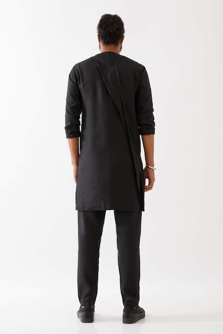 Shop_Son Of A Noble Snob_Black Silk Solid Asymmetric Pattern Kurta And Trouser Set _at_Aza_Fashions