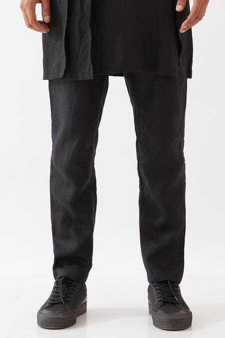 Son Of A Noble Snob_Black Silk Solid Asymmetric Pattern Kurta And Trouser Set _Online_at_Aza_Fashions