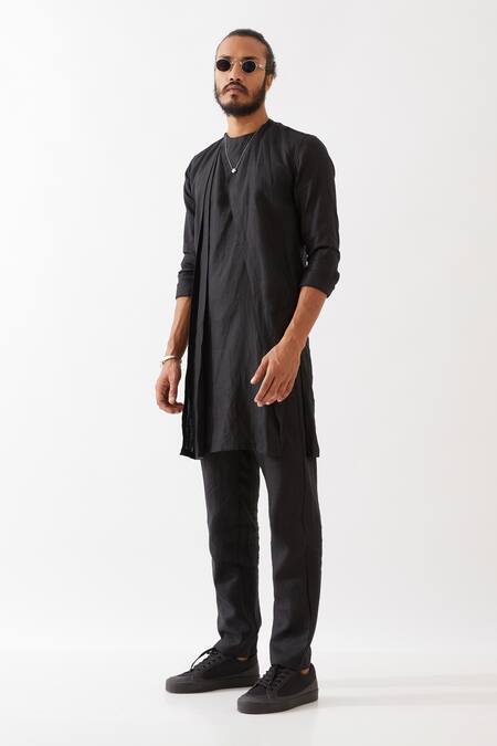 Buy_Son Of A Noble Snob_Black Silk Solid Asymmetric Pattern Kurta And Trouser Set _Online_at_Aza_Fashions