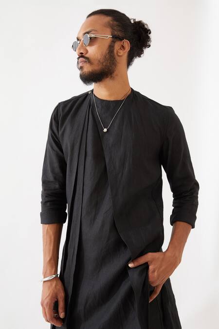 Shop_Son Of A Noble Snob_Black Silk Solid Asymmetric Pattern Kurta And Trouser Set _Online_at_Aza_Fashions