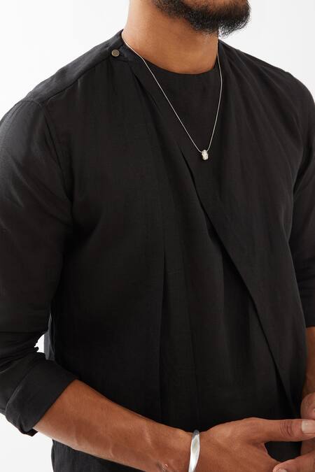 Son Of A Noble Snob_Black Silk Solid Asymmetric Pattern Kurta And Trouser Set _at_Aza_Fashions