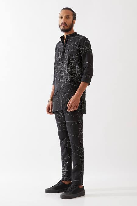 Shop Son Of A Noble Snob Black Silk Embroidery Abstract Print Pintucked Kurta And Trouser Set at Aza Fashions Shop_Son Of A Noble Snob_Black Silk Embroidery Abstract Print Pintucked Kurta And Trouser Set _at_Aza_Fashions