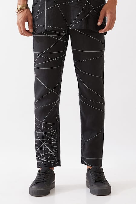 Son Of A Noble Snob Black Silk Embroidery Abstract Print Pintucked Kurta And Trouser Set Online at Aza Fashions Son Of A Noble Snob_Black Silk Embroidery Abstract Print Pintucked Kurta And Trouser Set _Online_at_Aza_Fashions