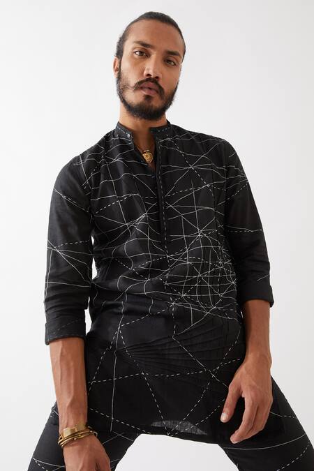 Buy Son Of A Noble Snob Black Silk Embroidery Abstract Print Pintucked Kurta And Trouser Set Online at Aza Fashions Buy_Son Of A Noble Snob_Black Silk Embroidery Abstract Print Pintucked Kurta And Trouser Set _Online_at_Aza_Fashions