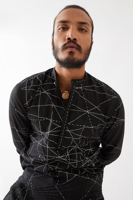 Shop Son Of A Noble Snob Black Silk Embroidery Abstract Print Pintucked Kurta And Trouser Set Online at Aza Fashions Shop_Son Of A Noble Snob_Black Silk Embroidery Abstract Print Pintucked Kurta And Trouser Set _Online_at_Aza_Fashions