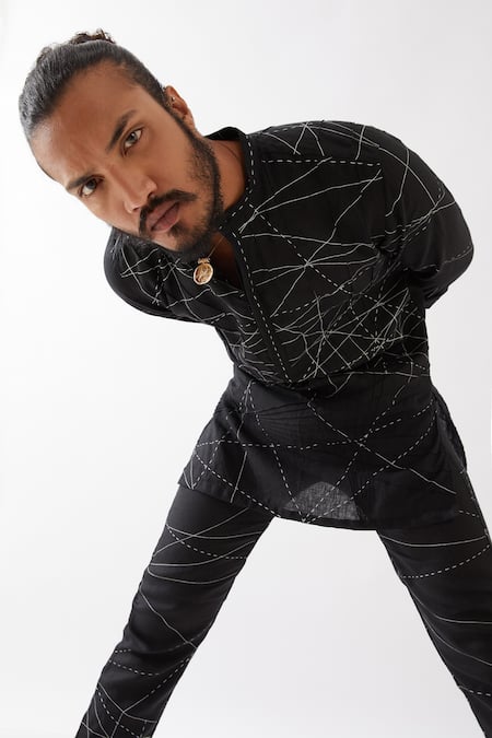 Son Of A Noble Snob Black Silk Embroidery Abstract Print Pintucked Kurta And Trouser Set at Aza Fashions Son Of A Noble Snob_Black Silk Embroidery Abstract Print Pintucked Kurta And Trouser Set _at_Aza_Fashions