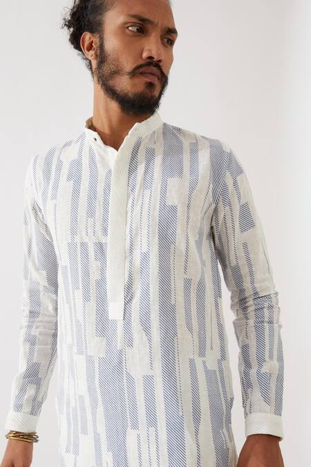 Son Of A Noble Snob White Linen Embroidery Vincent Spaces Printed Kurta With Pant at Aza Fashions Son Of A Noble Snob_White Linen Embroidery Vincent Spaces Printed Kurta With Pant _at_Aza_Fashions