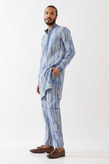 Son Of A Noble Snob_Blue Linen Embroidery Vincent Spaces Straight Kurta With Pant _at_Aza_Fashions